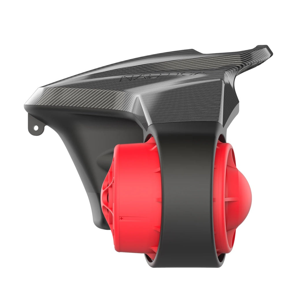 Closeup side view of the Nautica Marine 500 Carbon Sea Scooter. Shows the side view of the red propeller fans and black bottom casing and top grey/black casing.