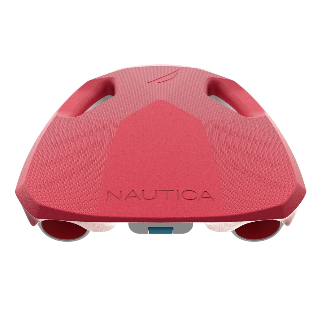 Nautica Pool Surfer Sea Scooter showing the top, red flat side, the light blue intake cover and the white underside of the underwater scooter.