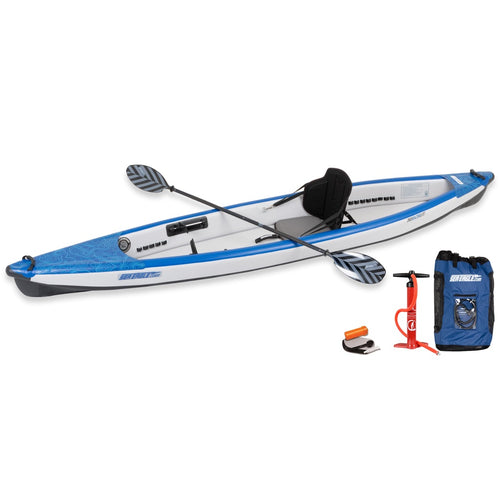 Sea Eagle 393rl Razorlite Pro Solo Package with paddle with black and silver blades. Also shows hand pump, repair kit, and carry bag.