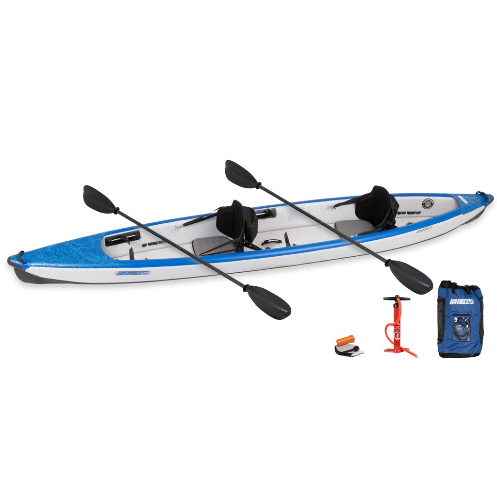 Blue and Grey Sea Eagle RazorLite 473rl Tandem Inflatable Kayak Pro top display view with the bag and pump sitting next to the Sea Eagle inflatable Kayak. 