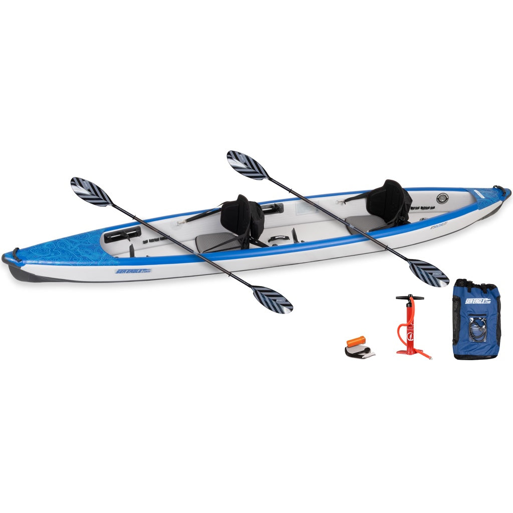 The all-new Sea Eagle RazorLite 473rl Pro Carbon Tandem Inflatable Kayak top display view with the bag and pump sitting next to the vessel.