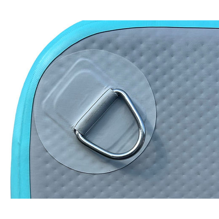 The Aqua variation of Paradise Pad 6'x13' Inflatable Water Mat with a closeup shot of the D-ring.